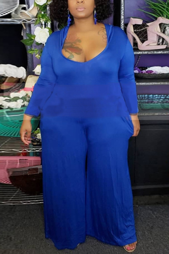 Blue Casual Knitting Solid Patchwork O Neck Plus Size 
