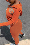 Orange Casual Sportswear Print Basic Hooded Collar Long Sleeve Regular Sleeve Regular Two Pieces