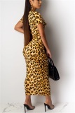 Khaki adult Sexy Fashion Cap Sleeve Short Sleeves Square Step Skirt Ankle-Length Leopard Patchwo