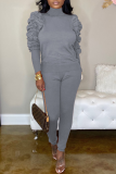 Dark Gray Casual High Neck Puff Sleeve Two-Piece Suit