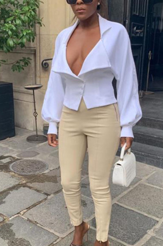 White Solid Patchwork V Neck Mid Waist Tops