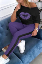 purple Fashion Casual Lips Printed Basic Oblique Collar Three Quarter Regular Sleeve Regular Two Pieces