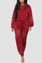 Red Fashion Casual Solid Hollowed Out See-through O Neck Long Sleeve Regular Sleeve Regular Two Pieces