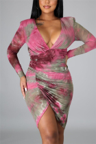 Pink Fashion Sexy Print Tie Dye Tie-dye V Neck Long Sleeve Mini Asymmetrical Dresses
