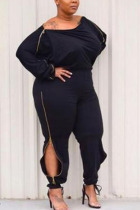 Black Fashion Sexy adult Ma'am O Neck Patchwork Solid Stitching Plus Size