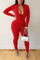 Red Fashion Casual Solid Basic Zipper Collar Skinny Jumpsuits