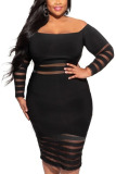 Black Sexy Solid Ripped Patchwork Bateau Neck Long Sleeve Knee Length Pencil Skirt Dresses