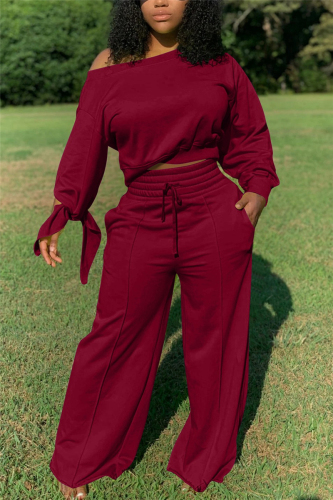 Wine Red Fluorescent Green Skew Neck Tie Up Long Sleeve Crop Sweatshirt and Plain Pants Sportwear Two Piece Trouser Set