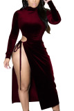 Wine Red Fashion Casual Adult Solid Hollowed Out Patchwork O Neck Long Sleeve Mid Calf Long Sleeve Dress Dresses