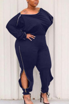 Navy Blue Fashion Sexy adult Ma'am O Neck Patchwork Solid Stitching Plus Size