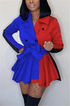 Blue Red Fashion Casual Patchwork Split Joint Turndown Collar Long Sleeve Mini Dresses