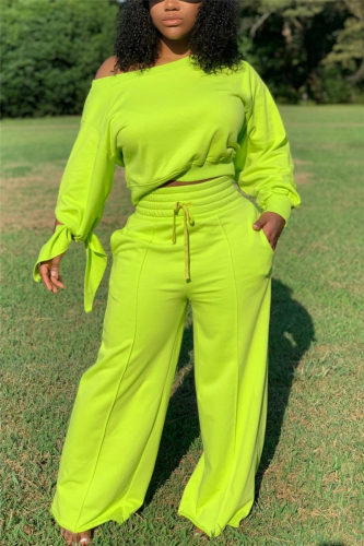 Fluorescent green Fluorescent Green Skew Neck Tie Up Long Sleeve Crop Sweatshirt and Plain Pants Sportwear Two Piece Trouser Set
