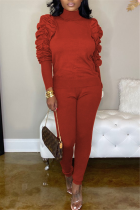 Orange Casual High Neck Puff Sleeve Two-Piece Suit