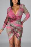 Pink Fashion Sexy Print Tie Dye Tie-dye V Neck Long Sleeve Mini Asymmetrical Dresses