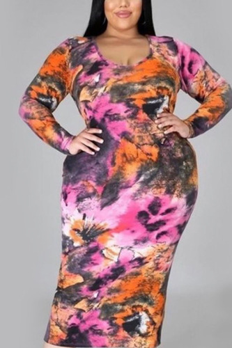 Orange Sexy Twilled Satin Print O Neck Long Sleeve Mid Calf Pencil Skirt Dresses