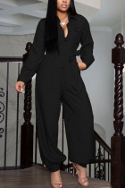 Black Fashion Casual Adult Solid With Belt Turndown Collar Loose Jumpsuits