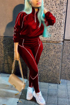 Wine Red Fashion Casual Adult Geometric Solid Patchwork O Neck Long Sleeve Regular Sleeve Regular Two Pieces