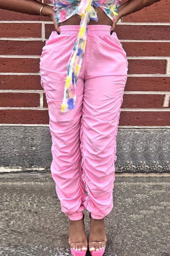 Pink Elastic Fly Sleeveless Mid Patchwork Draped Solid Straight Pants