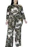 Green Casual Knitting Print Patchwork Oblique Collar Regular Plus Size Jumpsuits