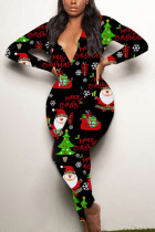 Black Sexy Party Patchwork Print Santa Claus V Neck Skinny Jumpsuits