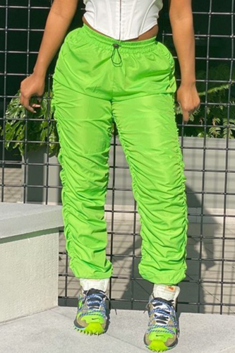 Green Elastic Fly Sleeveless Mid Patchwork Draped Solid Straight Pants