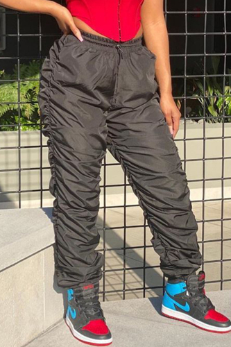 Black Elastic Fly Sleeveless Mid Patchwork Draped Solid Straight Pants