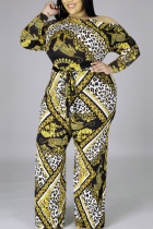 Yellow Casual Knitting Print Patchwork Oblique Collar Regular Plus Size Jumpsuits