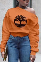Orange Chemical fiber blend One Shoulder Collar Long Sleeve Print 