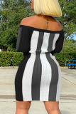 Black Sexy Striped Print Patchwork Bateau Neck Long Sleeve Mini Pencil Skirt Dresses