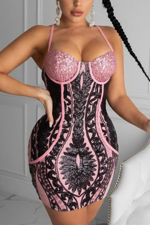 Pink Fashion Sexy Sequin Stitching Suspender Dress