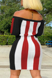 Red Sexy Striped Print Patchwork Bateau Neck Long Sleeve Mini Pencil Skirt Dresses