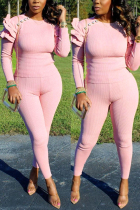 Pink Fashion Casual Solid Flounce O Neck Long Sleeve Regular Sleeve Regular Two Pieces