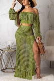Army Green Mesh Tassels Beach Skirt Two Piece Suit