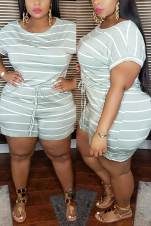 Light Green Fashion Casual Striped Plus Size Short Sleeve Romper