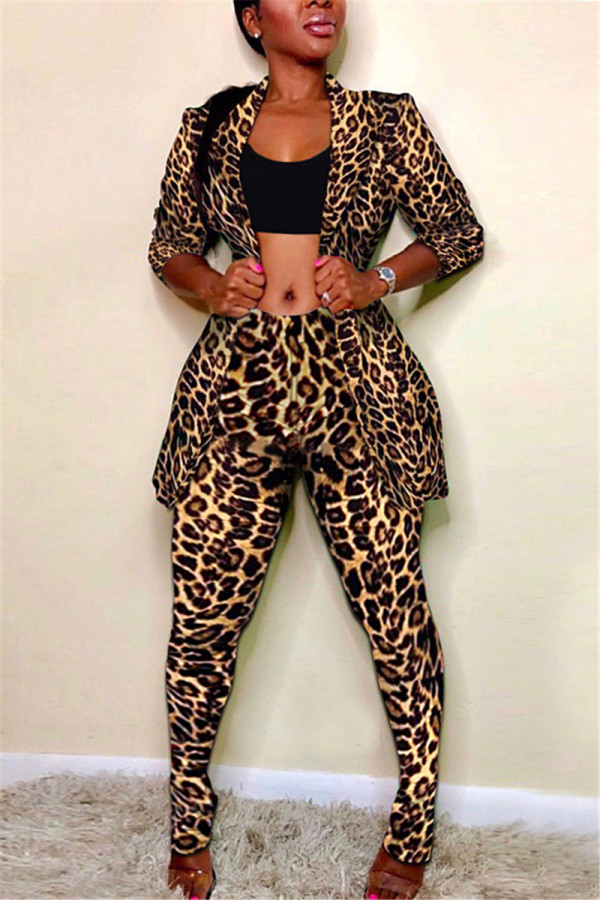 Fashion Casual Print Leopard Long-Sleeved Two-Piece Suit