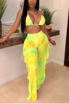 Yellow Sexy Mesh Printing Swimsuit Two-piece Set