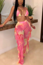 Pink Sexy Mesh Printing Swimsuit Two-piece Set