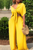 Yellow Casual Deep V Neck Loose Two-piece Pants Set