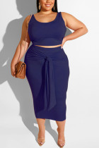 Dark Blue Casual Straps Tight-Fitting Bag Hip Two-Piece Suit