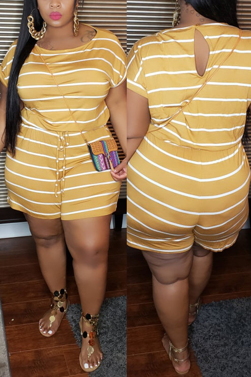 Fashion Casual Striped Yellow Plus Size Short Sleeve Romper