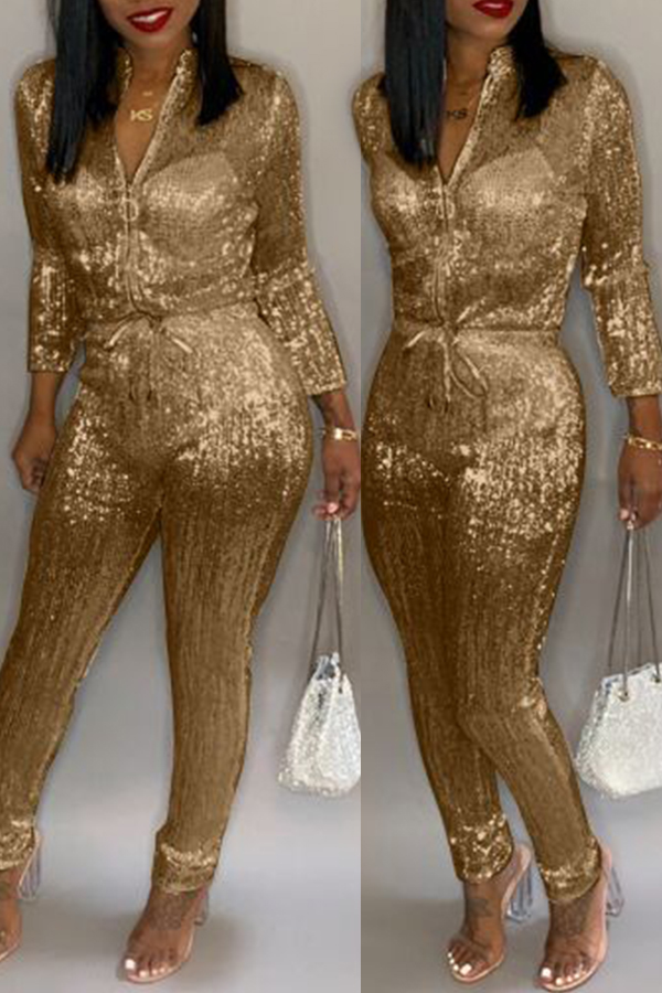 Gold Trendy Zipper Design Blending One-piece Jumpsuit - buy at the ...