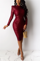 Wine Red Fashion Sexy Sequin Long Sleeve Dress