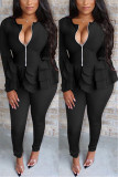 Black Fashion Casual Solid Color Ruffle Long Sleeve Two-Piece