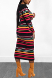 Red Casual Long Sleeve Striped Dress