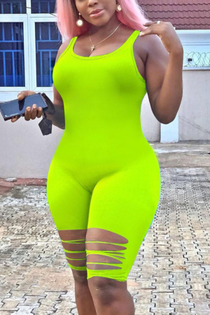 Fluorescent green Fashion Sexy Sleeveless Broken Hole Romper