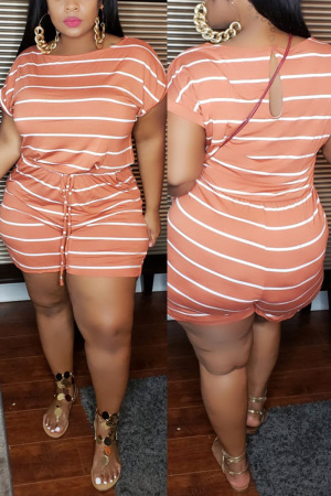 Orange Fashion Casual Striped Plus Size Short Sleeve Romper