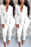 White Fashion Casual Solid Color Ruffle Long Sleeve Two-Piece