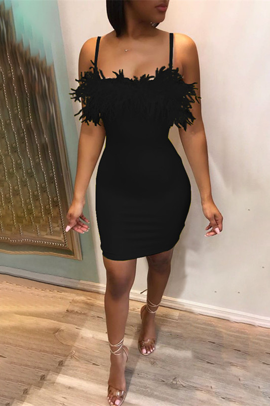 Black Fashion Sexy Feather Strap Dress