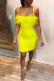 Yellow Fashion Sexy Feather Strap Dress