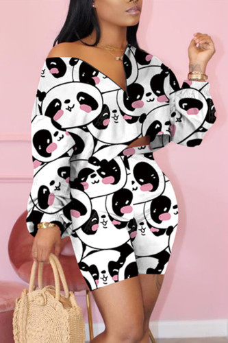 White Casual Graphic Print Shorts and Long Sleeve Cropped Top Set